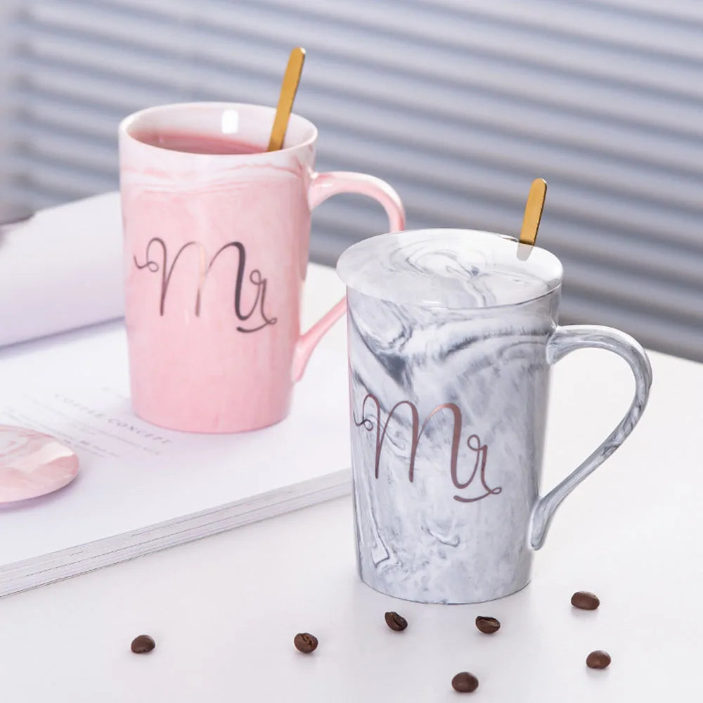 Wholesale Pink Grey Couple  Mr and Mrs Wedding Gift Mug Set Ceramic Marble Coffee Mugs