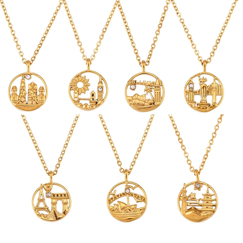 Dainty Famous City Engraved Zircon Pendant Necklace Trendy Geometric Stainless Steel 18K Gold Plated Non-Tarnish World Map