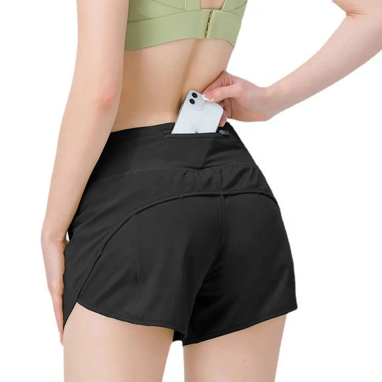 Women's 2025 Summer Active Athletic Workout Gym Yoga Shorts 2-in-1 Marathon Running Shorts Liner Zipper Pocket Solid Pattern
