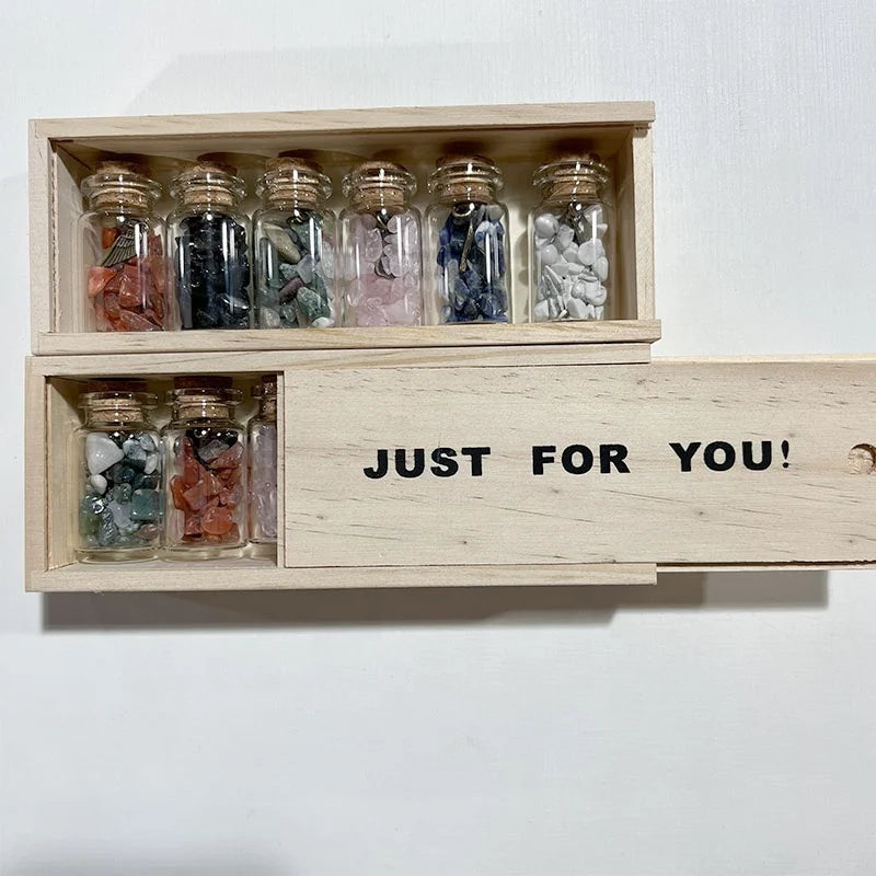 Natural Crystal Gravel Bottle Wooden Gift Box Healing Stones Quartz Chips Glass Bottle Wishing Bottle