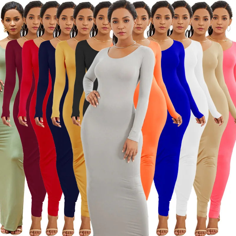 Casual Fall Winter Solid Color Pencil Maxi Dress Long Sleeve Women Bodycon Dresses