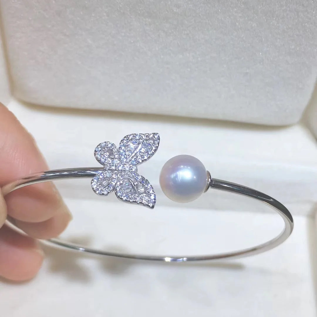 B106 8-9mm 925sterling Silver Gold Plated Wholesale Freshwater Pearl Charm Bracelet Mounting Fancy Jewelry Resizable for Women