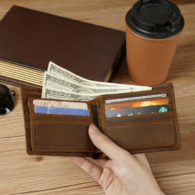 TIDING Luxury Mens Brown Vintage Crazy Horse Leather Bifold Short Slim Wallet Minimalist Bifold Closure Wallet for Men