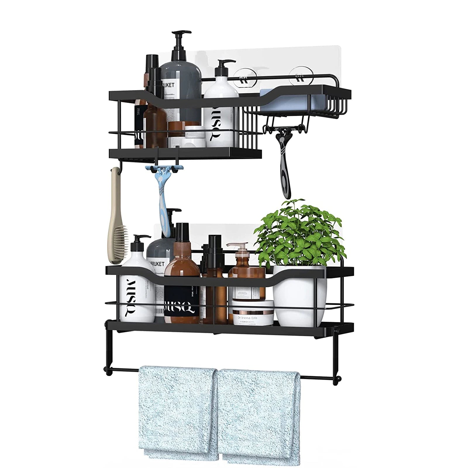 Self Adhesive Stainless Steel Bathroom Shower Organizer Rack 2 Pack Bathroom Shower Shelf with 6 Hooks for Apartment