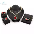 Women's Classic Style 18K Gold Plated Dubai Red Crystal Wedding Bridal Jewelry Set Luxury African Fashion Necklace Bangle Alloy
