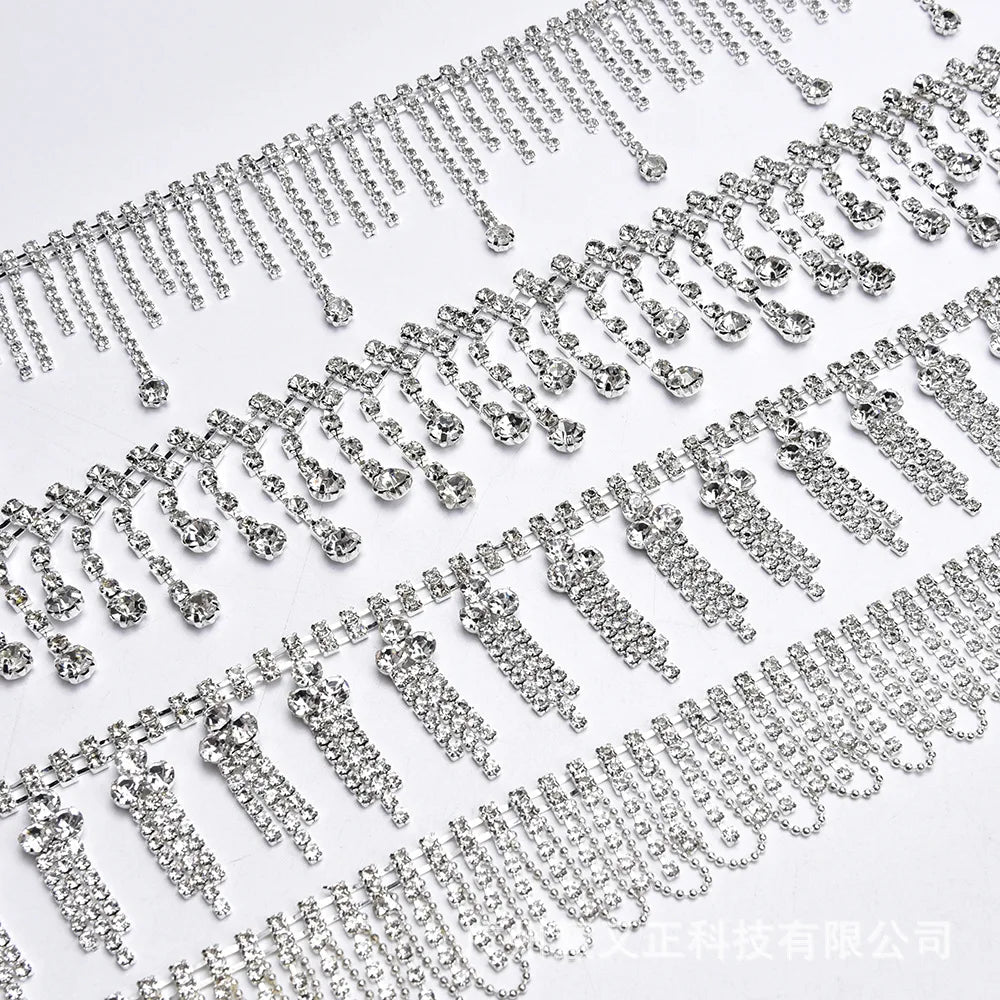 JFRT040 Wholesale Silver Necklace Crystal Garment Accessories Tassel Fringe Chain Glass Rhinestone Trim