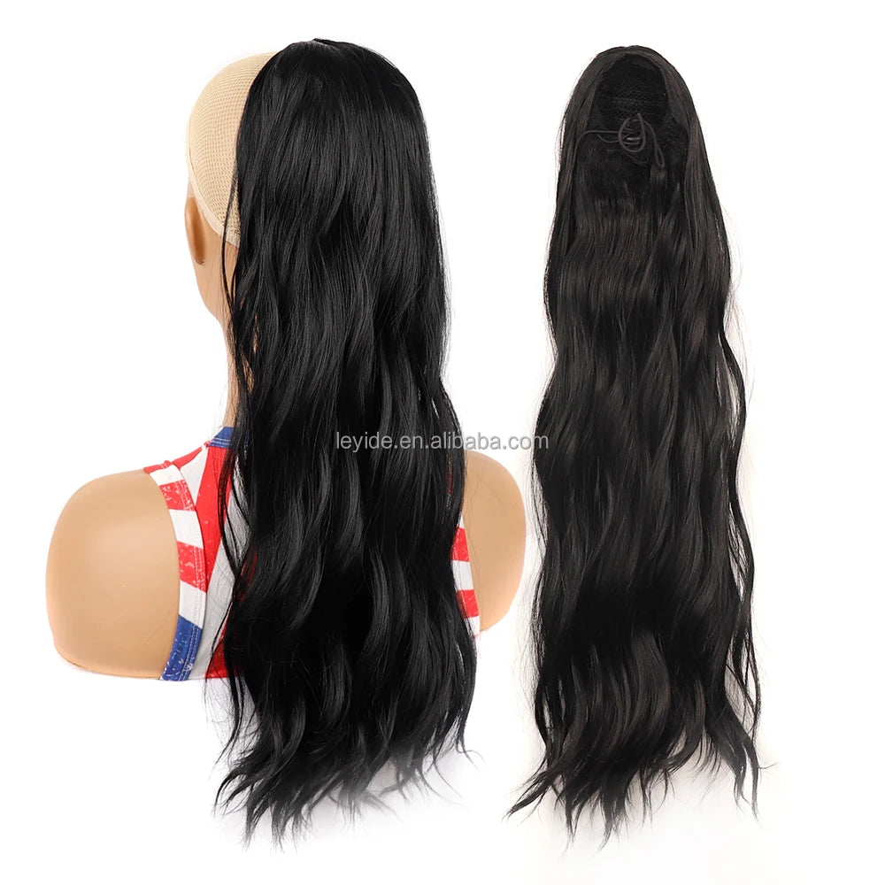 High Quality Long Wavy Synthetic Fake Clip in Drawstring Hair Piece Pony Tail Afro Ponytail Hair Extensions for Black Women 24"