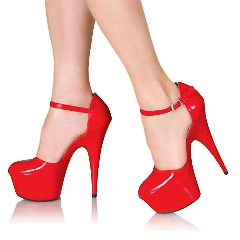 Spring and Autumn New Round Head Red Wedding 15cm Thin Heel Platform High Heels T-stage Model Show Fashion Shallow Mouth Single