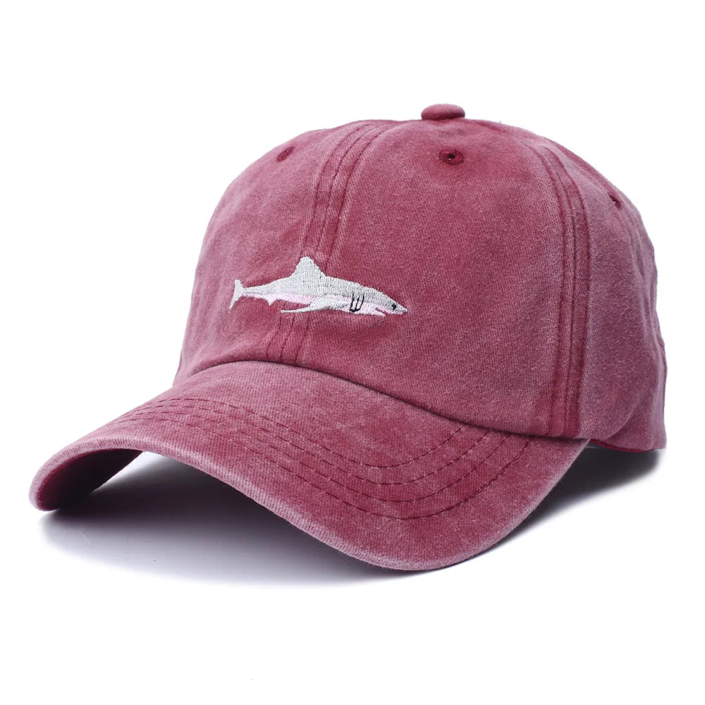TTB Wholesale Unisex Shark Logo Vintage Washed Denim Cotton Baseball Caps Custom Embroidery Distressed Dad Hat