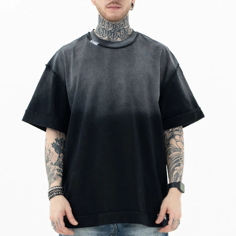 2025 Spring & Summer Men's Vintage Hip Hop Short Sleeve T-Shirt 350GSM Heavy Cotton Washed Gradient Knitted Fabric