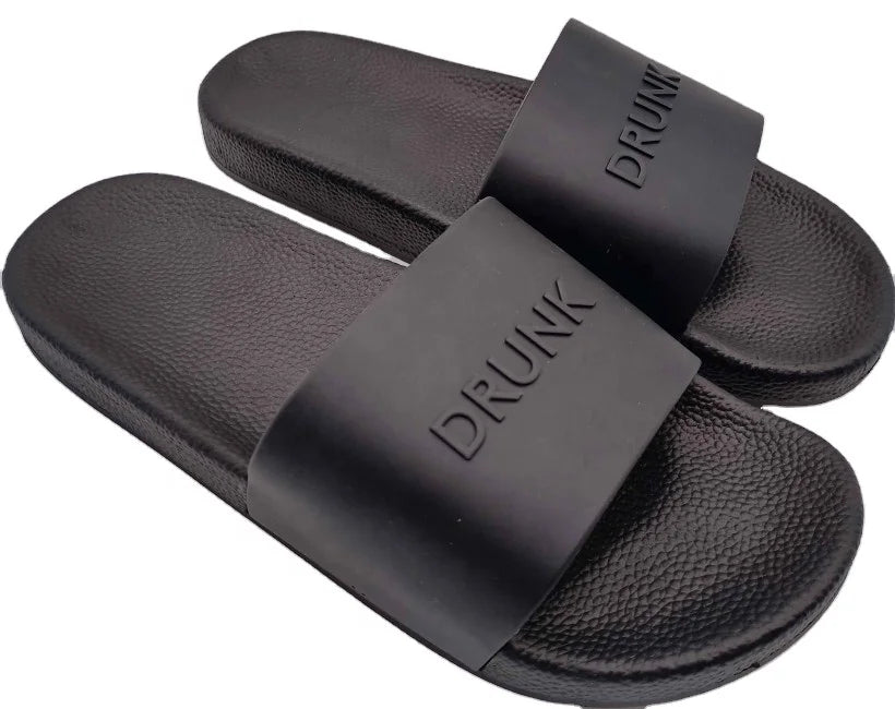 Custom Logo Black Men and Ladies' 3D Rubber Embossed Slide Sandals Waterproof Anti-Slip Flip-Flops with Mesh Lining for Winter