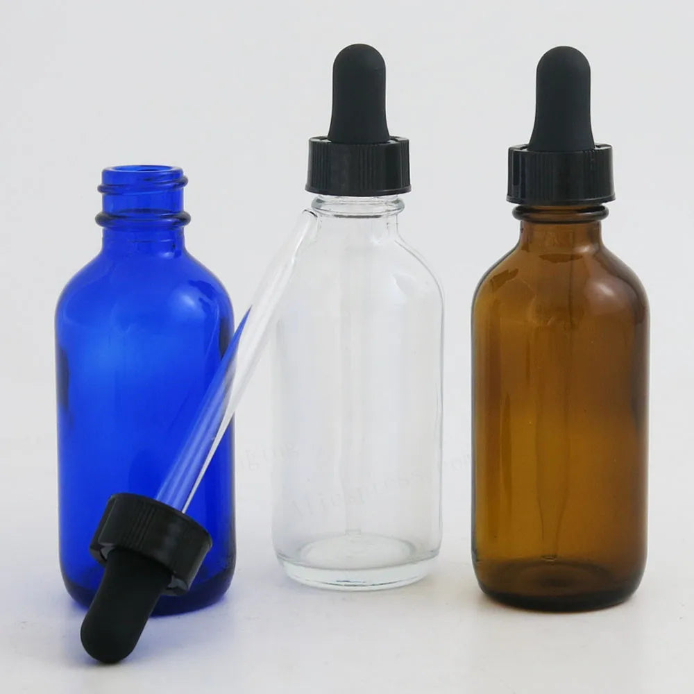 60ml 2oz Transparent Amber Blue Glass Dropper Bottle Eye Pipette Droppers for Essential Oils Aromatherapy Boston Round Container