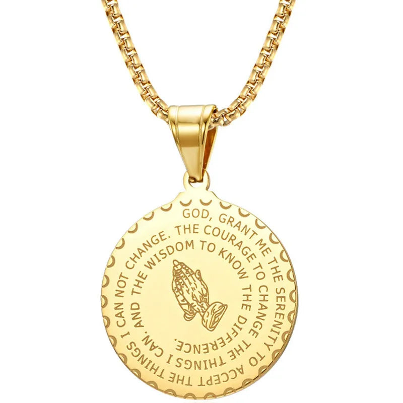 Wholesale Stainless Steel Faith Letter Lords Prayer Hand Pendant Necklace for Women Men Fashion Jewelry