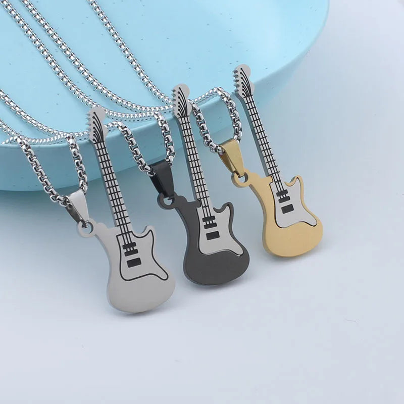 Men's Women's Trendy Titanium Steel Guitar Pendant Necklace Hip-Hop Rock Style Woolen Link Chain Gold Stainless Steel Jewelry