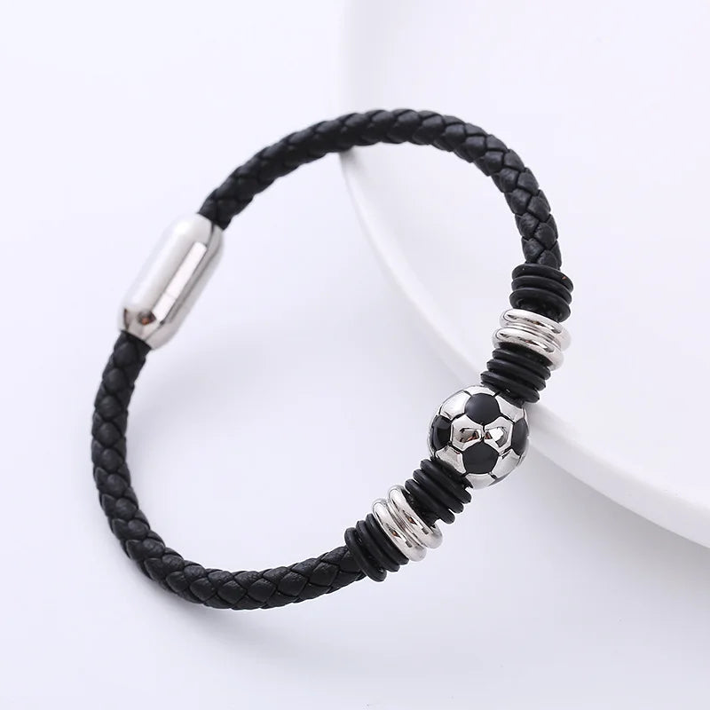 Wholesaler Fashion Jewelry Bangles Woven Leather Soccer Football Charm Men's Bracelet