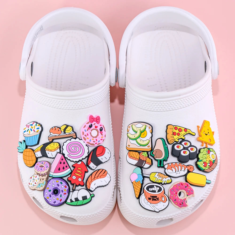 Popular New Designer Yummy Cute Food Shoe Charms Set Sushi Dessert Donut Designer PVC Colorful Shoe Decoration Wholesale Bulk