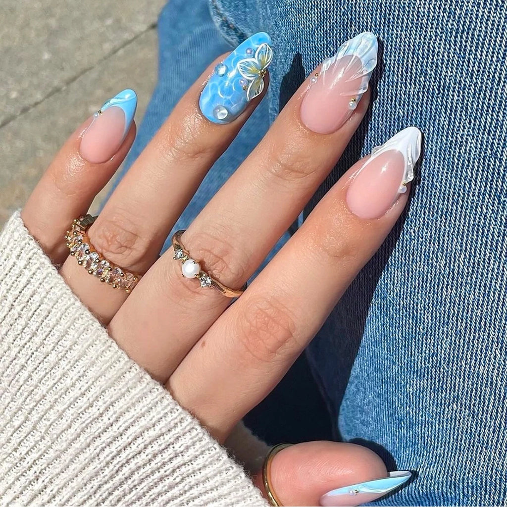 24 Pcs 3D Shell Droplet French Blue and White Short Almond-shaped Flowers Press on Nails Artificial Fingernails Customize 3440