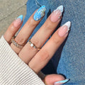 24 Pcs 3D Shell Droplet French Blue and White Short Almond-shaped Flowers Press on Nails Artificial Fingernails Customize 3440