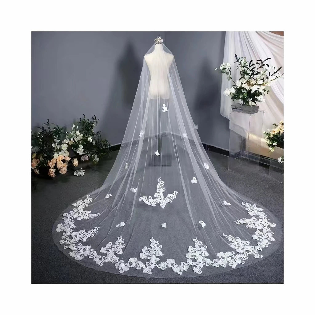 Newly Designed White Soft Long Tail Embroidery Mesh Fabric Two-layer Lace Edge for Bridal Veils and Wedding Headdress