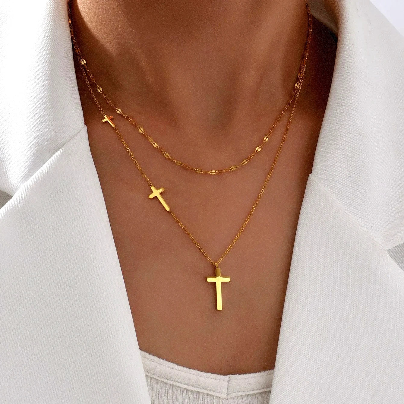 Minimalist Fashion Stainless Steel Wholesale Bulk Collar 18k Gold Filled Multilayer Tarnish-Free Cross Necklace for Women