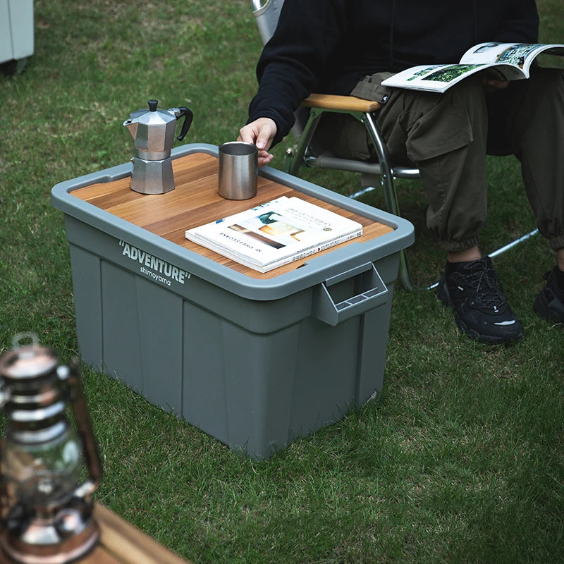 SHIMOYAMA 74L Outdoor Camping Industrial Design Cargo Box Crate Utility Box With Moving Wheels and Wood Table Board