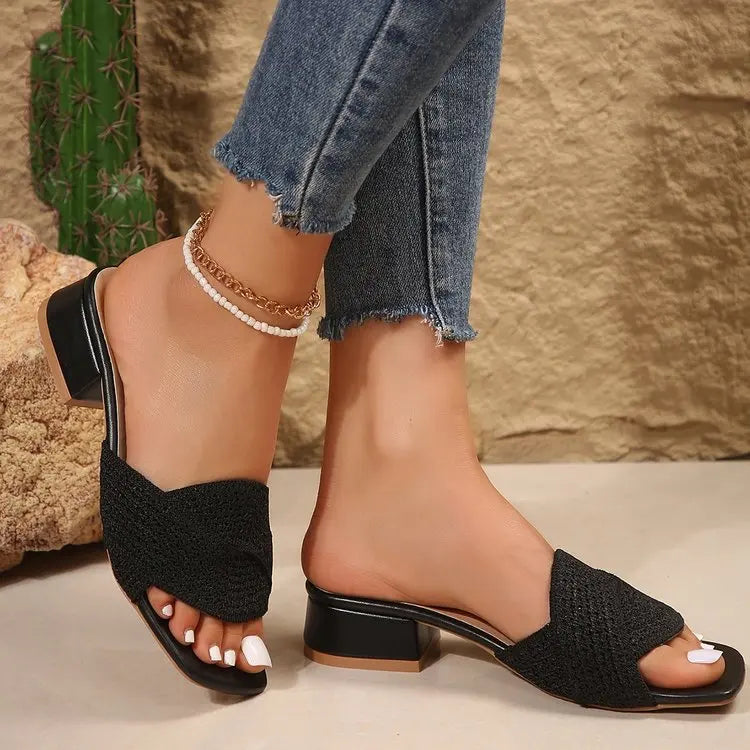 New Beach slippers Plus Size Cool slippers 365 Summer Cross with square Toe Cloth Surface Women's High Heels
