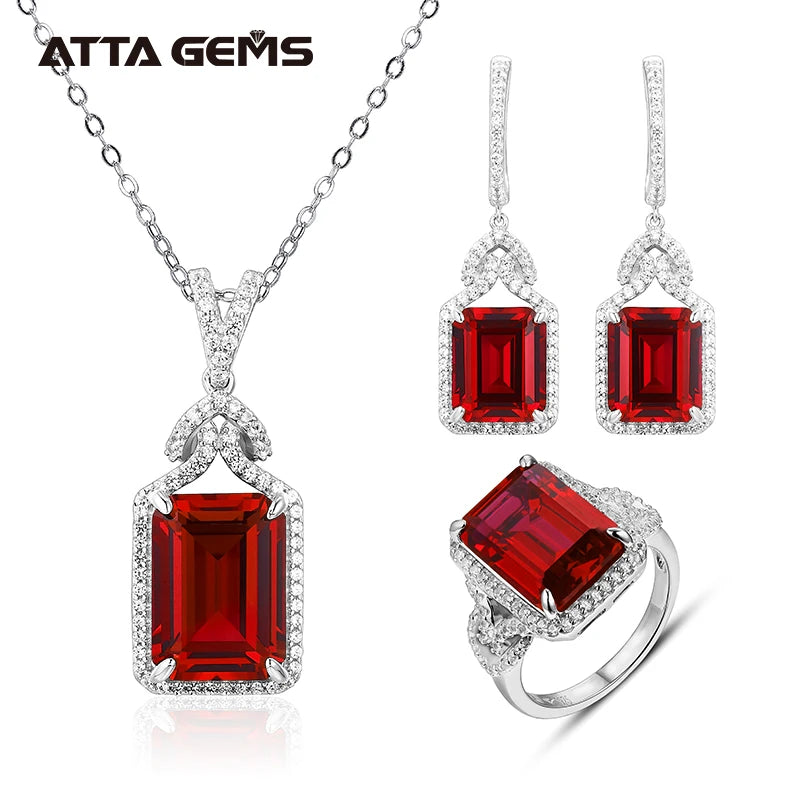 7.4 Carats Ruby Gemstones Pendant Earrings Ring 925 Sterling Silver Three Pieces Ruby Jewelry Sets for Women Engagement Wedding