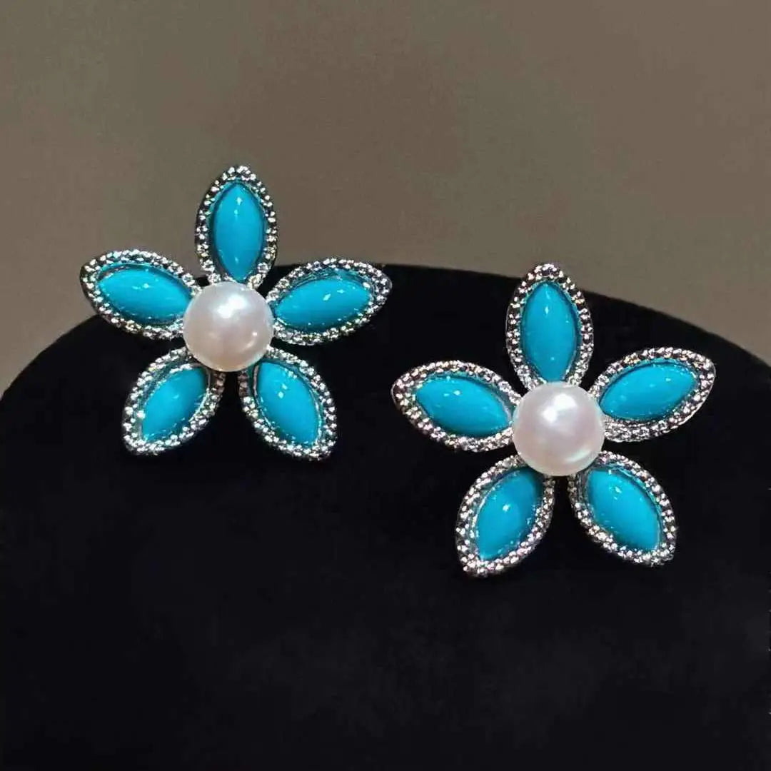 New Spring/Summer Trendy Stud Earrings Fresh Blue Turquoise Freshwater Pearl Platinum Plated Small Flower Design for Women's