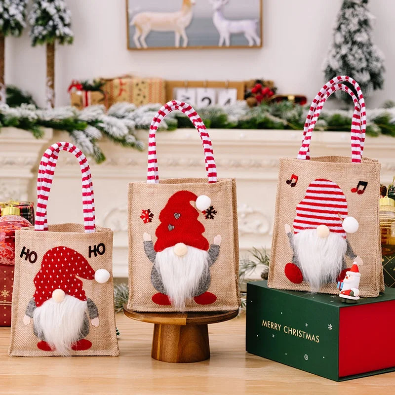 Rudolph Linen Fabric Gift Bag Children's Handbag Christmas Decoration Gnome Candy Bag Christmas Gifts Bag for Kids Kindergarten