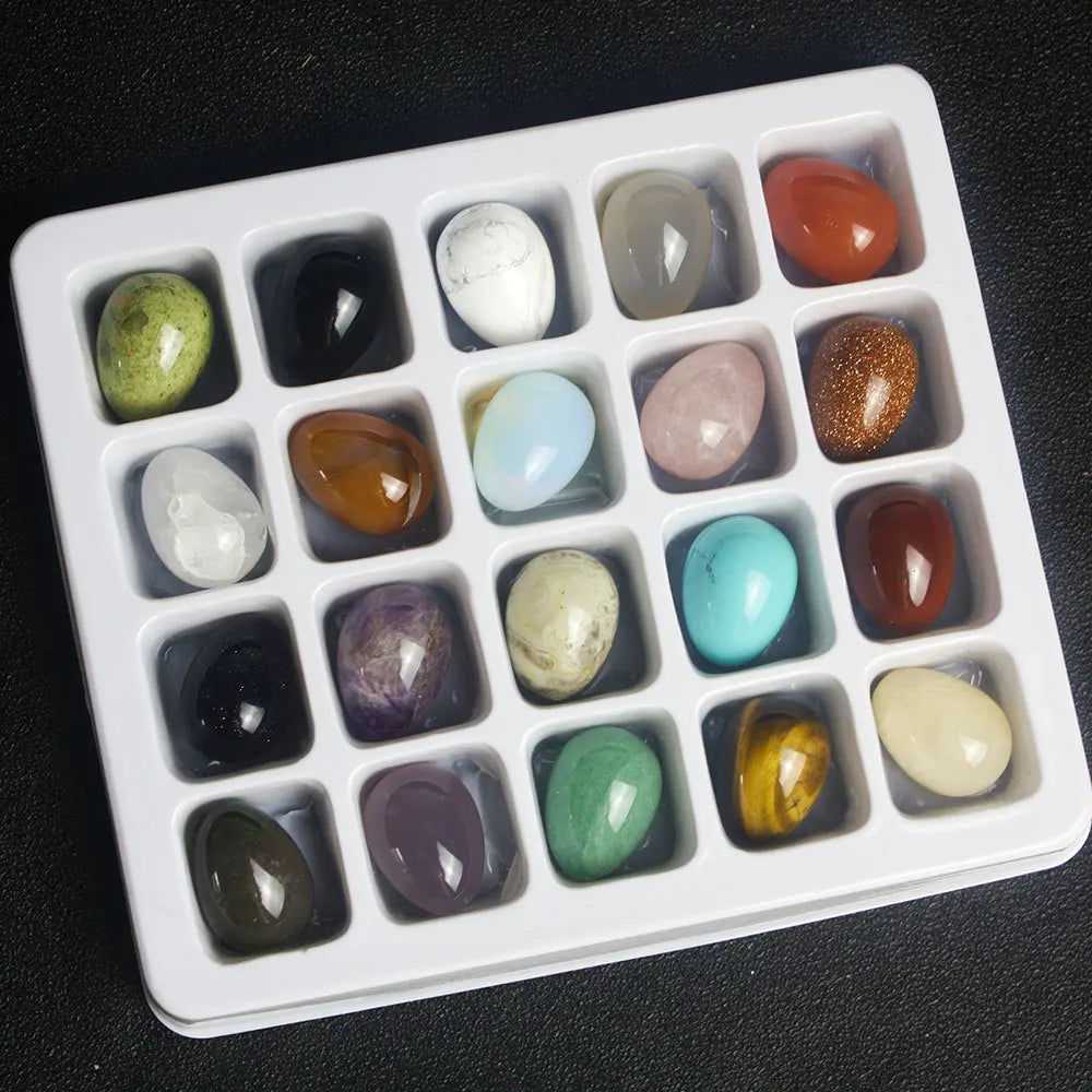 Mineral Healing Crystal Egg Stone Set 20 Pieces Genuine Natural Gemstone Kit with Gift Box (16x20mm Eggs 150x125x5mm Box)