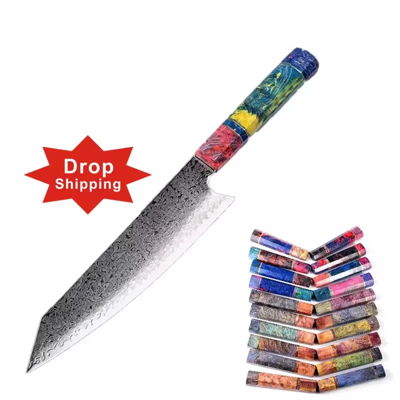 8-Inch Handmade Kitchen Knife with 67-Layers VG10 Damascus Steel and Stabilizing Wood Handle Chef Knife