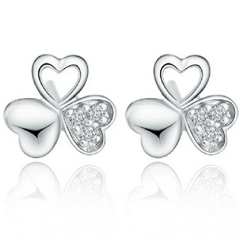 Real 925 Sterling Silver Clover Zircon Stud Earrings for Women Girls Fashion Jewelry