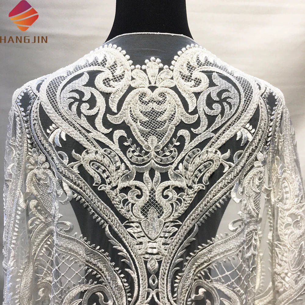 New Wedding Tulle Luxury Lace White Dress 3D Embroidery Heavy Beaded Lace Fabric With Sequence for Bridal