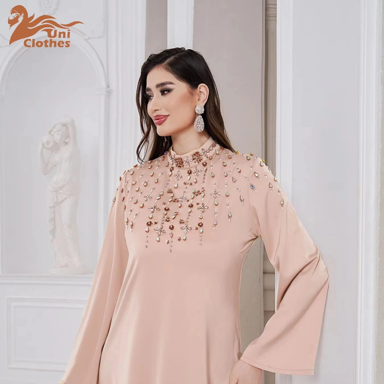 Middle East Muslim Womens Abaya Maxi Dress High Neck Embroidered Loose Long Robe Elegant Modest Fashion Outfit