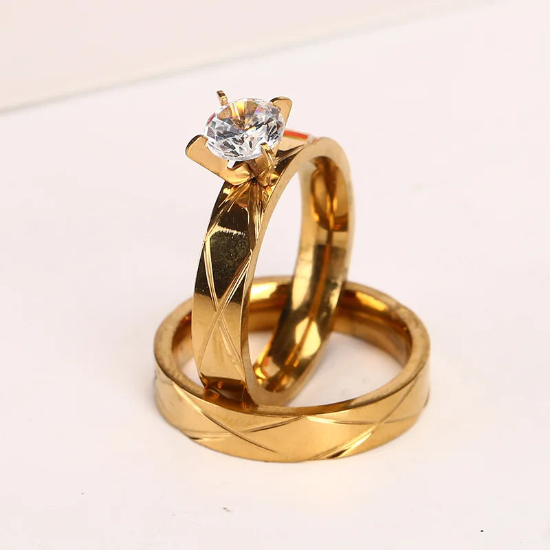 Stainless SteelProposal Ring Gold-Plated Striped Cross Inlaid Diamonds Fashionable Personalized Jewelry for Wedding Engagement