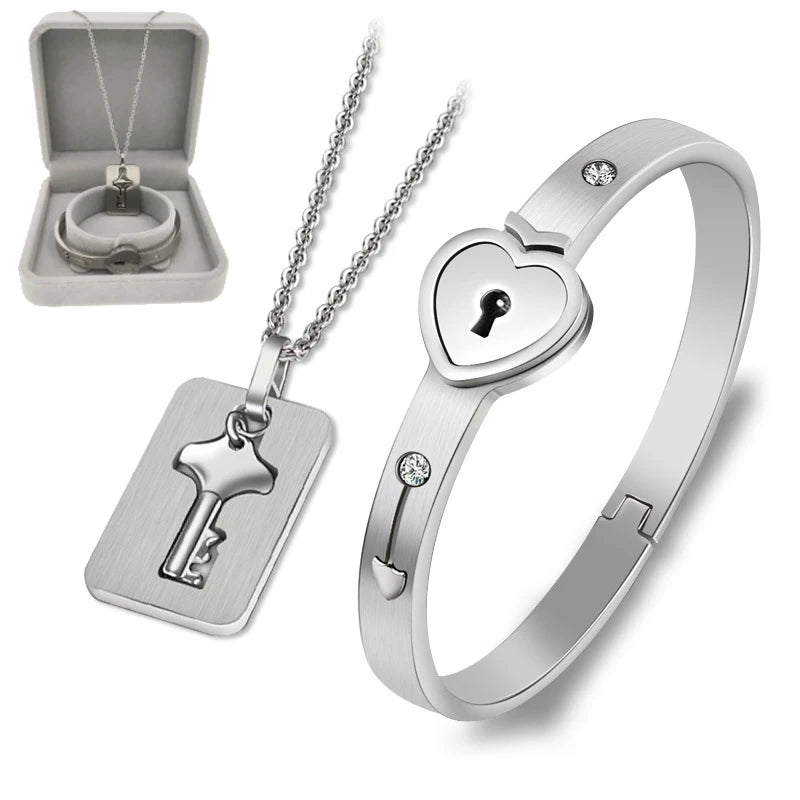 Stainless Steel Jewelry Sets Include Box Heart Lock Bracelet Key Necklace for Couples Set Women Zircon Wedding Gift MegaBDM