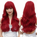 Factory Wholesale Red Synthetic Wig Long Wavy Natural Hairline Wig With Bangs for Women Daily Party Hair Heat Resistant Fiber