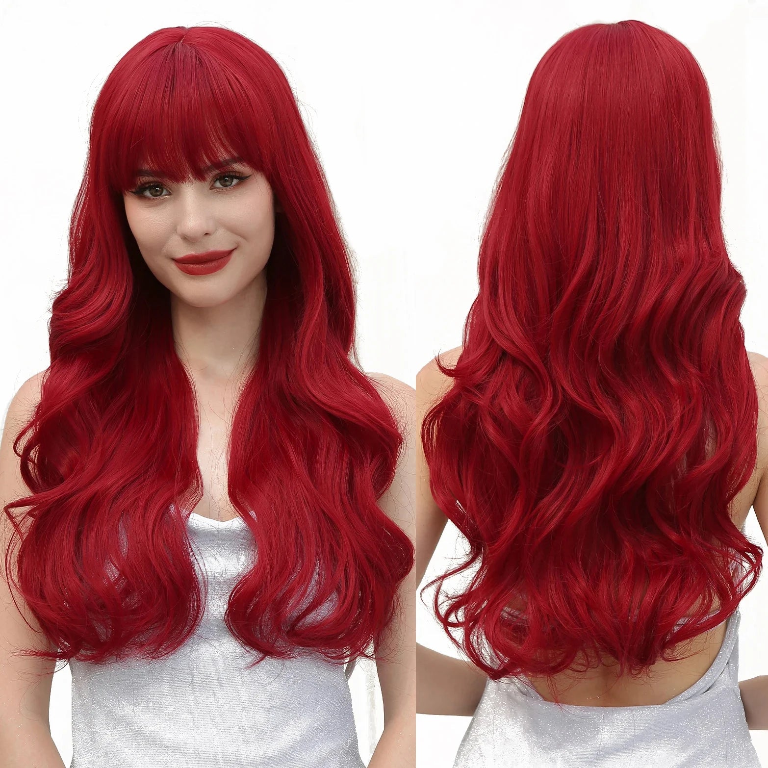 Factory Wholesale Red Synthetic Wig Long Wavy Natural Hairline Wig With Bangs for Women Daily Party Hair Heat Resistant Fiber