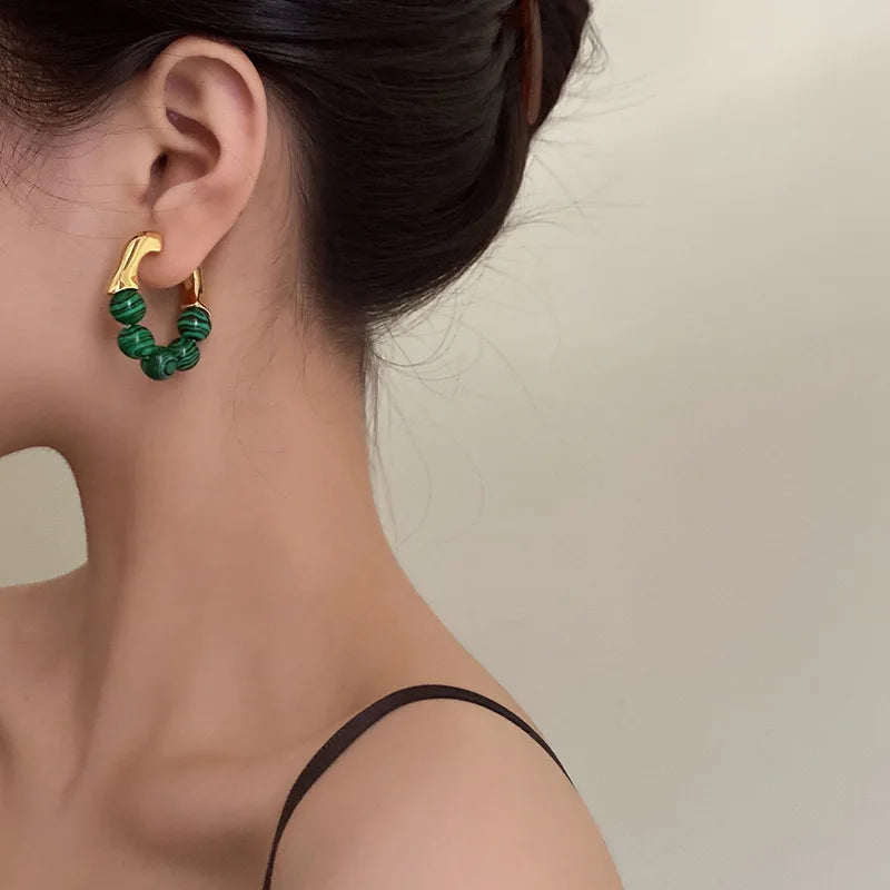 French Retro Green Kallaite Design Earrings Personality Girl Natural Stone Bead Big Hoop Brass Earring 18K Gold Plated