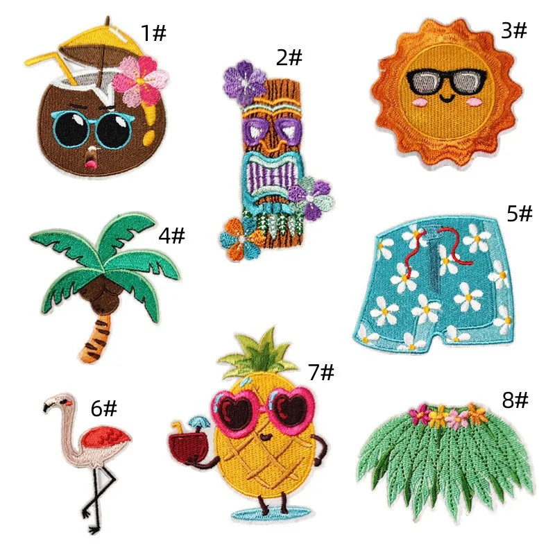 NODA Iron on Embroidery Hawaii Holiday  Style Kawaii Sun Coconut Tree Pineapple  Patch for Clothes Decoration