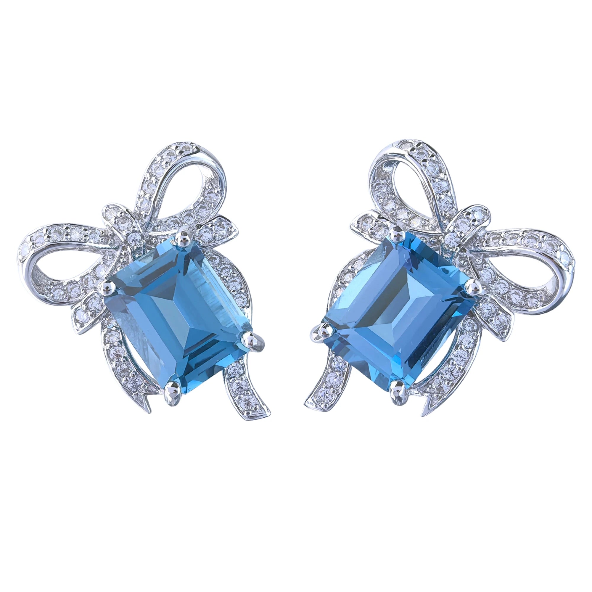 Factory Wholesale Rhodium Plated 925 Sterling Silver Emerald Cut Natural London Blue Topaz Bow Stud Earrings for Women Gift