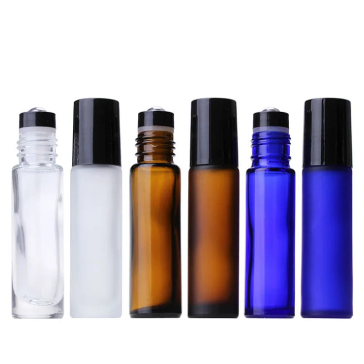 Custom logo Perfume Roll on Cosmetic Packaging 10ml Black Holder Silver Steel Roller Ball Brown Amber Glass Bottle