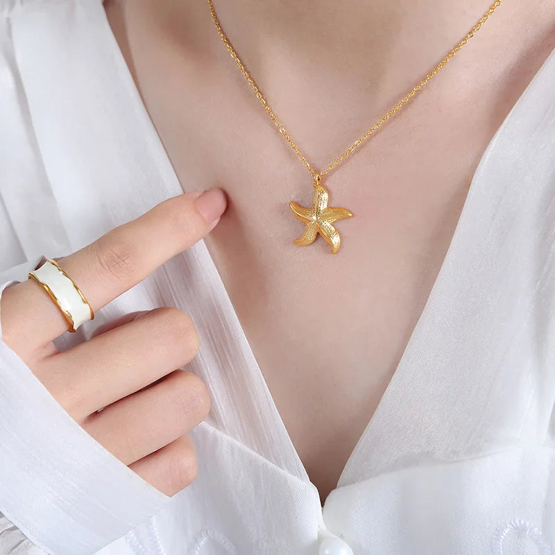 Tarnish Free 18K Gold Plated Stainless Steel Jewelry Starfish Chunky Pendant Necklace for Girls