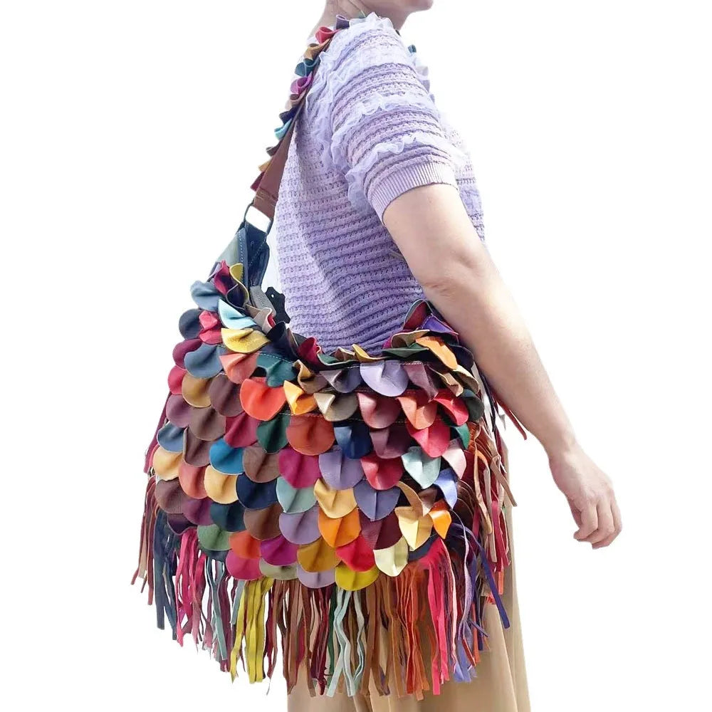 Multi-color Block Genuine Leather Bags Stitching Unique Style Patchwork Tassel Leaf Handbag Women Sheepskin Hobo Bags