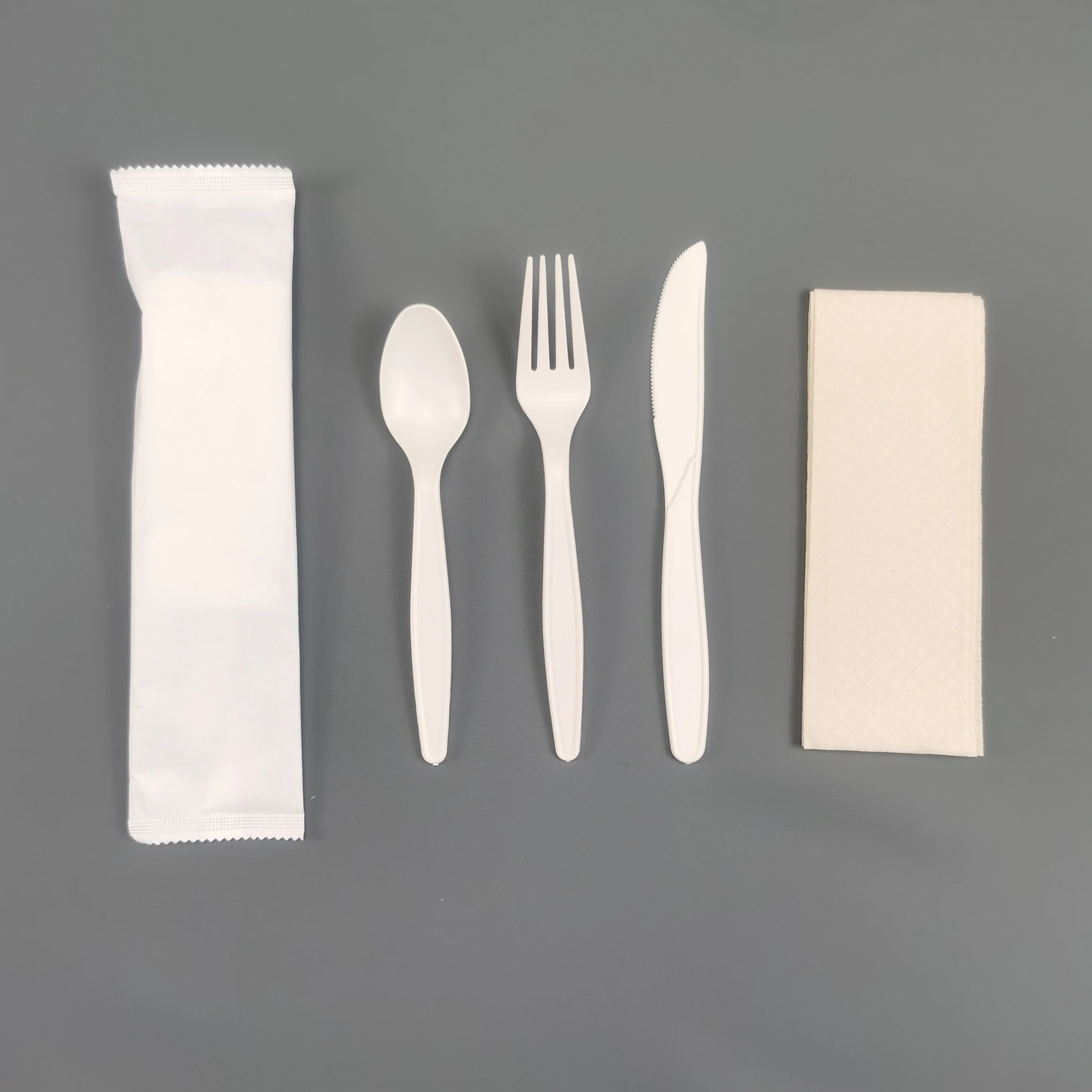 Inflight 6-in-1 Biodegradable Compostable PSM Disposable Cutlery Kit with Napkin Salt & Pepper for Party Use