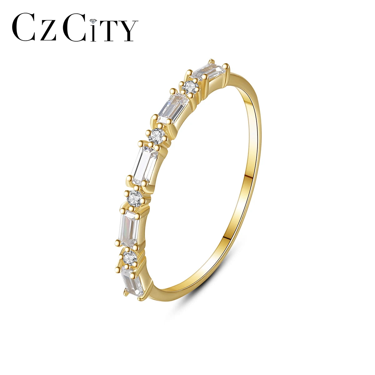 CZCITY Finger Geometric Unique Gold Plated New Trendy S925 Silver for Woman Gift Princess Cut Diamond Ring