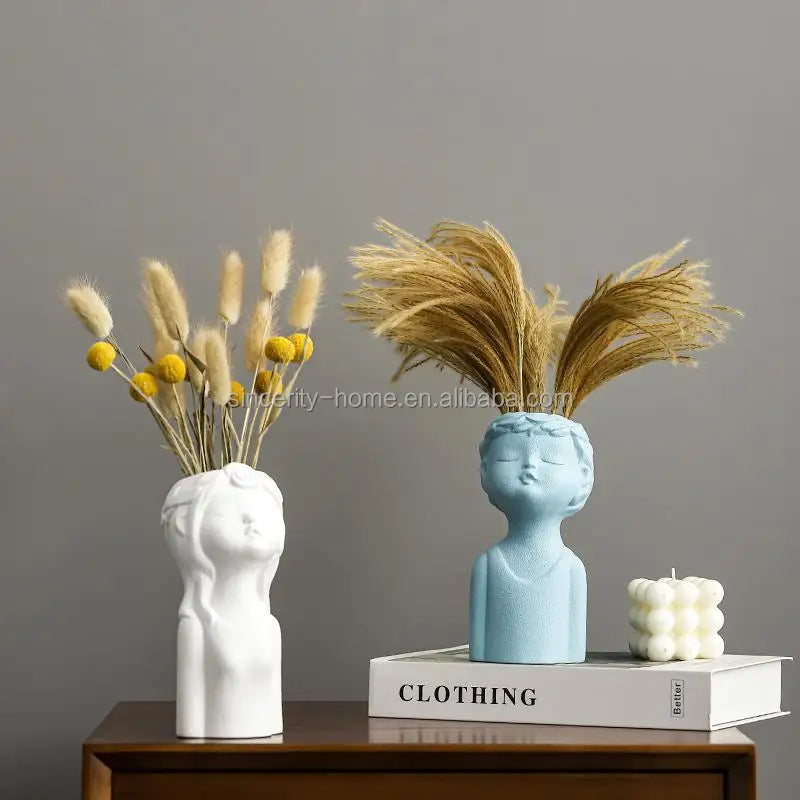 Nordic style face light luxury small vase ornaments ceramic home decoration with dried flowers