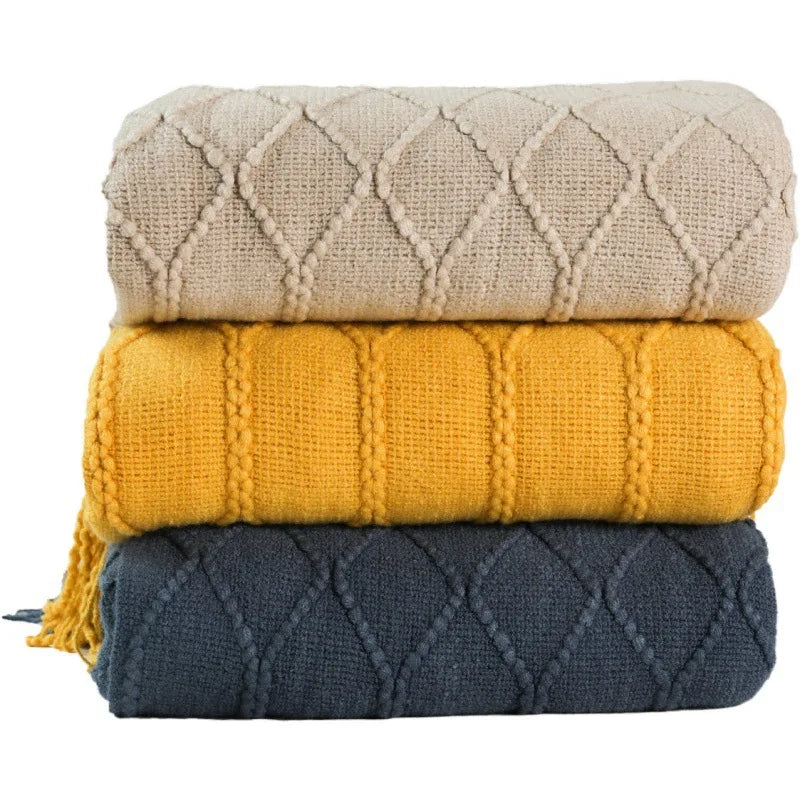 Modern Solid Color Knit Blanket Colorful Soft Thick 100% Acrylic Classic Tassels Textured Throw With Tassels for Bed Sofa