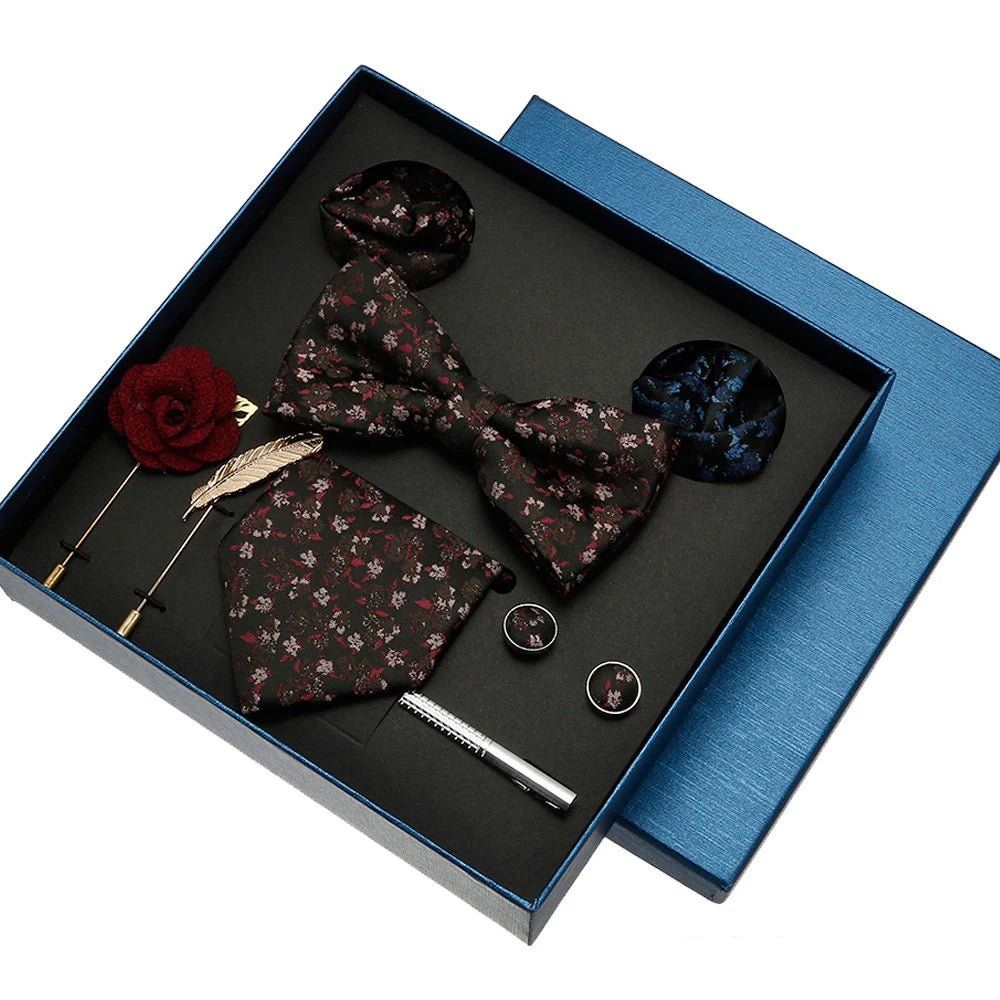 Brown Floral Paisley Silk Necktie Pocket Square Hanky Set Brooch Bow Tie Pins Luxury Business Corbata Custom Logo Corbata