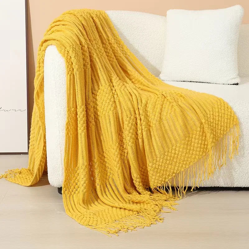 Customized Fashion Soft Safe Solid Acrylic Knitted Throw Blanket Modern Tassel Weighted Blanket Travel Home Anti-Pilling Custom